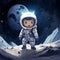 A chibi astronaut on the moon. A little astronaut on the moon painting art style.