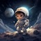 A chibi astronaut on the moon. A little astronaut on the moon painting art style.