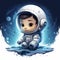 A chibi astronaut on the moon. A little astronaut on the moon painting art style.