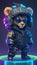 chibi cute futuristic soldier lion wearing cyberpunk jacket. AI Generative