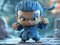 Chibi Martial Artist Action Figurine in Blue Outfit with Intense Expression Cute and Fierce Collectible Toy Artistic Background