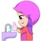 Chibi Muslim female cartoon characters. illustration of a child who likes to wash hands with hygienic soap. sterilization of hand