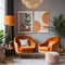 Chic arrangement of a retro living room interior featuring a mock-up poster frame, a velvet sofa, a vintage orange chair...