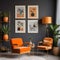 Chic arrangement of a retro living room interior featuring a mock-up poster frame, a velvet sofa, a vintage orange chair...