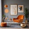 Chic arrangement of a retro living room interior featuring a mock-up poster frame, a velvet sofa, a vintage orange chair...