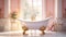 Chic bathroom with interior design, bathtub, vintage finishes, wicker chair, fluffy rug and green indoor plants in flower pots