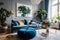 Chic Blue Velvet Sofa in Contemporary Living Room