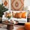 Chic bohemian setup in living room with white sofa, wooden coffee table, and sophisticated personal items