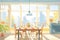 chic dining room with sunlight pouring in through large windows, magazine style illustration