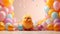 A chic Easter podium framed by colorful balloons and a backdrop of playful Easter chicks.