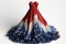 Chic fluffy dresses in colors of the American flag. Elegant holiday dress on mannequin. Patriotic. Independence Day.