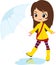 Chic Girl jumping on a puddle with umbrella on a rainy day, brown hair cute woman with yellow boots.