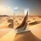 Chic glass podium against a dramatic desert sand dune background AI generation