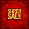 Chic golden super sale poster design, bright red fashion backdrop with discounts