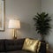 Chic mid-century modern luxury aesthetics living room with gray velvet couch and golden lamp