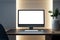 Chic office setup with backlighting, wooden desk, and plant, against a textured wall.