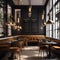A chic Parisian cafe with bistro-style tables, wrought iron chairs, and hanging pendant lights1