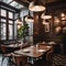 A chic Parisian cafe with bistro-style tables, wrought iron chairs, and hanging pendant lights2