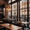 A chic Parisian cafe with bistro-style tables, wrought iron chairs, and hanging pendant lights3