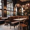 A chic Parisian cafe with bistro-style tables, wrought iron chairs, and hanging pendant lights4