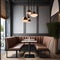 A chic Parisian cafe with bistro-style tables, wrought iron chairs, and hanging pendant lights5