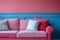 Chic Pink Couch with Plush Pillows Against Vibrant Walls. Concept Colorful Furniture, Interior