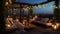 A chic rooftop terrace, adorned with string lights, modern outdoor furniture.
