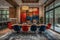 A chic and sophisticated dining room with mid-century modern furniture, a statement chandelier, and vibrant abstract artwork, warm