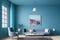 Chic Spring Blue Mid Century Modern Living Room with Wall Art