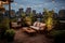 Chic urban terrace with cozy seating, twinkling string lights, greenery against city skyline at dusk