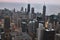 Chicago aerial skyline during sunset. Taken from above at Skydeck Willis Tower. Lake Michigan in sight