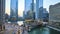 Chicago canal aerial, gorgeous reflection on skyscraper windows at blue hour, tourism and travel