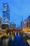 Chicago city skyline downtown skyscraper at Chicago River bridge portrait format in the United States