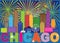 Chicago City Skyline Fireworks Color vector Illustration