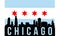 Chicago City skyline and landmarks silhouette, black and white design with flag in background, vector illustration