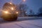 Chicago commuter train arriving in winter snowstorm