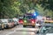 Chicago, IL - October 6th, 2021: Firetrucks and other emergency response vehicles crowd the streets after a construction pile