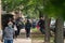 Chicago, IL - October 6th, 2021: Residents, firemen and police gather outside a building after  construction pile driving drill