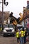 Chicago, IL - October 7th, 2021: Comed electricians work on restoring power where a construction pile driving drill rig tipped