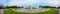 Chicago, Illinois, USA - 9.16.2023: Panoramic of Buckingham fountain in Grant Park in the morning with cloud and blue