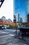 Chicago Loop cityscape with bikes, trucks and shadows on Wacker Dr