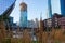 Chicago Loop seen behind tall amber waves of grass with Chicago River, el train and skyscrapers