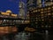 Chicago River reflections of sunset and buildings as sun sets