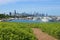 Chicago skyline and 31st St harbor seen from Burnham Wildlife Corridor