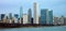 Chicago skyline buildings and lake Michigan view from shore