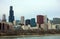 Chicago skyline buildings and lake Michigan view from shore