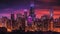 Chicago skyline with illuminated skyscrapers at sunset, USA. Generative AI