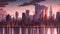 Chicago skyline with skyscrapers at sunset, illustration in vector format, AI Generated