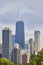 Chicago skyscraper skyline above green trees, downtown buildings inviting tourism, travel in US