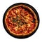 Chicagostyle Deepdish Pizza On Black Smooth Round Plate On Isolated Transparent Background U.S. Dish. Generative AI